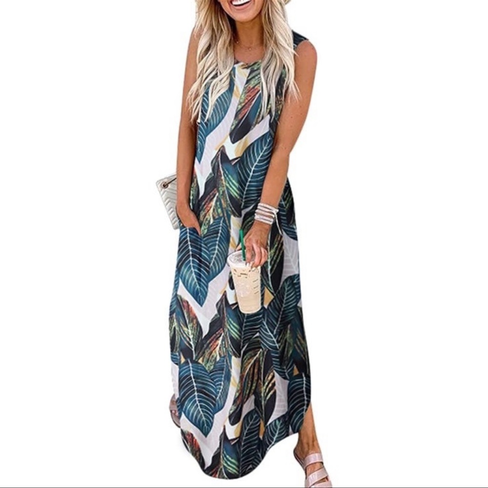 Tropical Leaf Print Maxi Dress